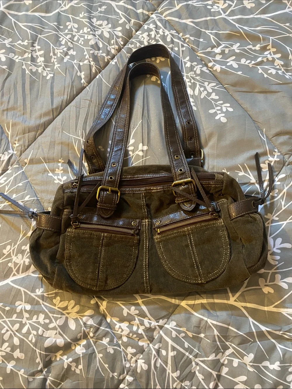 Corduroy and Faux-Leather Olive Green Small Shoulder Bag